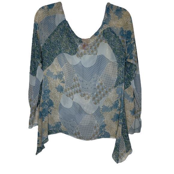 Mudd Womens Floral Beaded Tie Peasant Sheer Blouse Size M Blue Vintage Y2K Boho - Picture 2 of 5